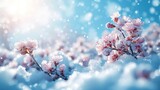 a bunch of pink flowers that are on a branch in the snow with snow flakes on the ground and a blue sky in the background.