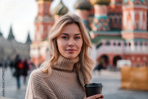 Attractive young Russian woman having a coffee in Moscow looking at the camera