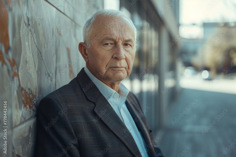An older man leaning against a wall with a serious look on his face An older man leaning against a wall with a serious look on his face