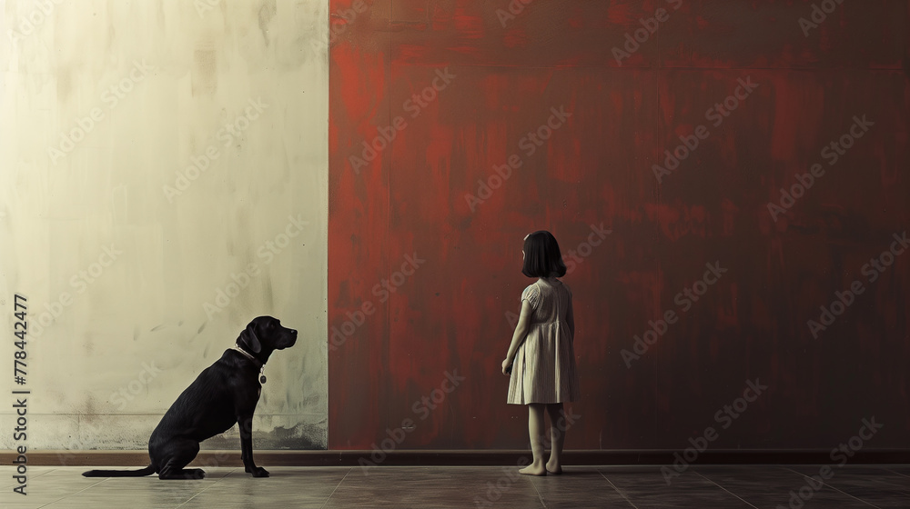 A little girl's contemplative stare meets the curious gaze of a dog against a serene, monochromatic wall - obrazy, fototapety, plakaty 
