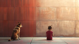 A little girl's contemplative stare meets the curious gaze of a dog against a serene, monochromatic wall
