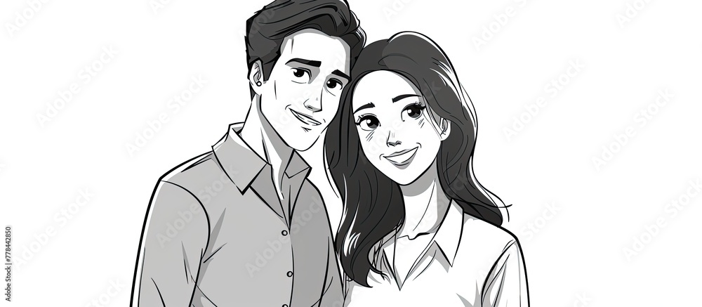 A monochrome art piece of a man and woman standing side by side, both with black hair and smiling. Their happy gestures and stylish attire are captured in this blackandwhite drawing