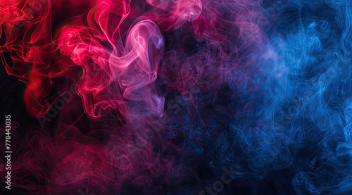 Two streams of smoke, one red and one blue, blending together against a black background to create a visually striking image that represents the interplay between warm and cool colors. photo