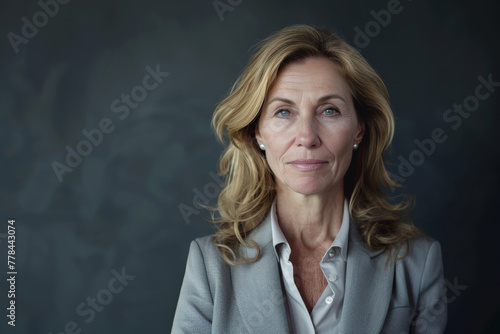 A woman in a grey jacket and white shirt looks at the camera