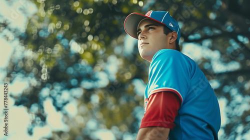 A baseball player, wearing the familiar blue and red uniform, commemorating ten years of hard work with a powerful pose on the field