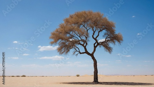 tree in desert sands, embodying nature strength and the pressing need to address problem of desertification, under clear blue skies