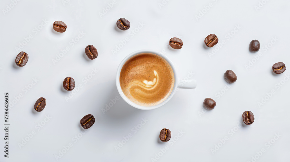 Fototapeta premium Latte coffee and coffee beans on white background Top view