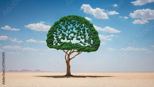 a brain-shaped green tree rises in the desert sands  mirroring nature strength amidst the encroaching modernity and desertification