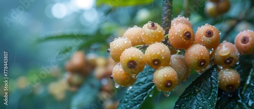  A zoomed-in image of several berries dangling from a tree's branches, with raindrops splashing onto the leaves above