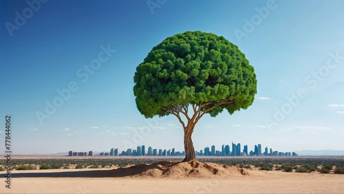 a brain-shaped tree in desert sands, modern arabian city on horizont, the problem of desertification photo