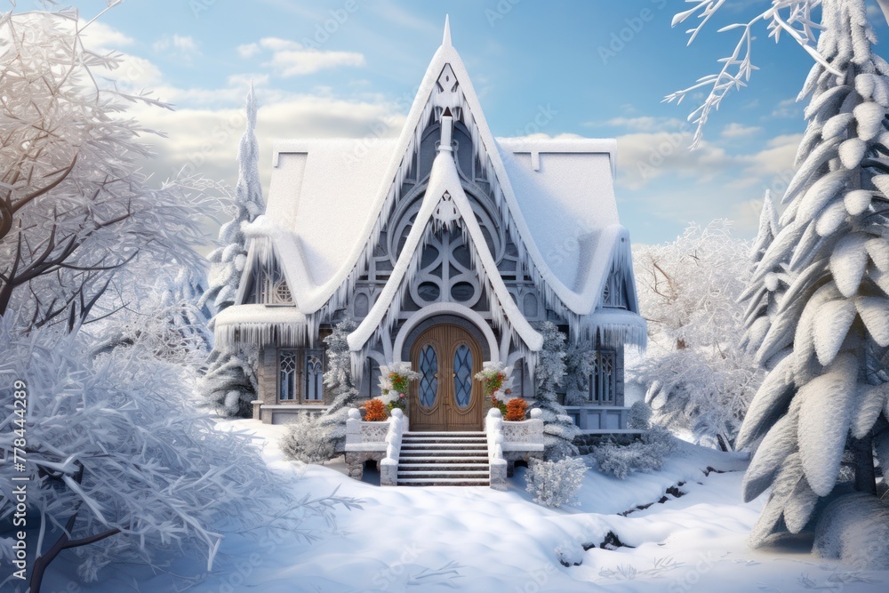 Fototapeta premium Winter's embrace in daylight-a cozy house surrounded by snow-draped trees, a picturesque scene of seasonal delight.