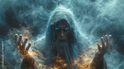 a man with long hair and blue eyes standing in front of a fire with his hands in front of his face. photo