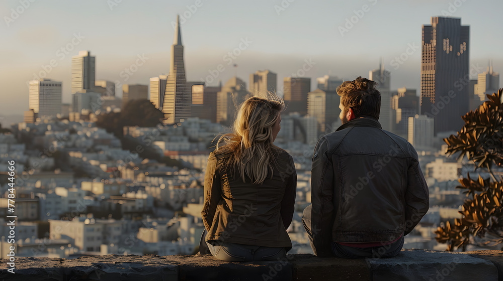 A man sitting on a stone wall overlooking the San Francisco city skyline. The view is from behind the woman's back