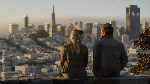A man sitting on a stone wall overlooking the San Francisco city skyline. The view is from behind the woman's back
