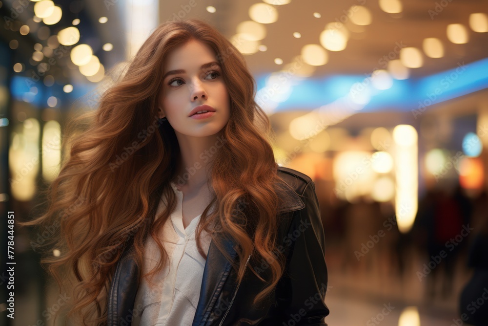 Stylish brunette, alone in the shopping center's lights, captivates with her fashionable presence.