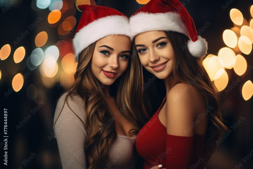 With infectious smiles and sparkling eyes, two women in red Santa hats spread the holiday spirit as they immerse themselves in the city's festive atmosphere. With infectious smiles and sparkling eyes, two women in red Santa hats spread the holiday spirit as they immerse themselves in the city's festive atmosphere.
