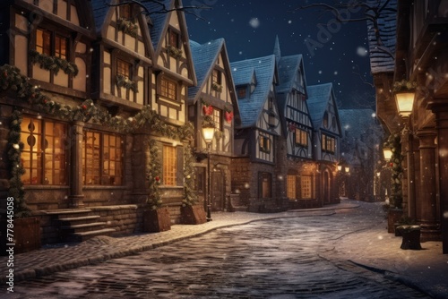 Snow-covered street with houses  illuminated for Christmas  featuring trees and glowing garlands.