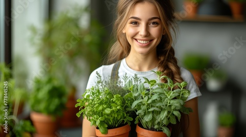 a smiling woman holding two potted plants in front of a shelf filled with potted plants and greenery.