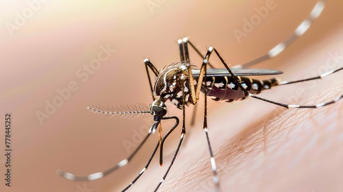 Aedes aegypti mosquito sucks human blood. dangerous mosquito virus in human skin, Maedes hemorrhagic fever virus. photo