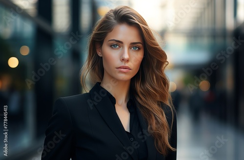 a business woman stands in front of an office building