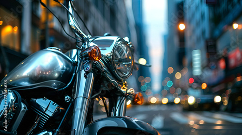 Close-up of a motorcycle parked on a busy city street, against a backdrop of skyscrapers and traffic © Iryna