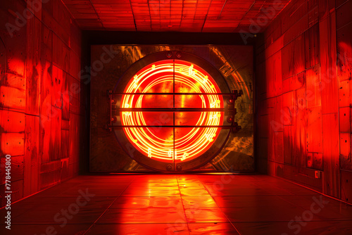 Spooky vault door with twisted neon wireframes isotated on black background.