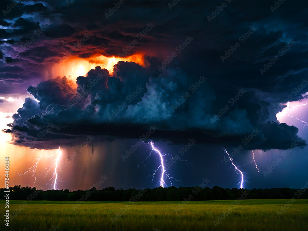 Craft a thrilling image: a storm looms over a tranquil scene, lightning bolts pierce the sky, casting striking shadows. Dark clouds clash with vibrant flashes, igniting awe and excitement.