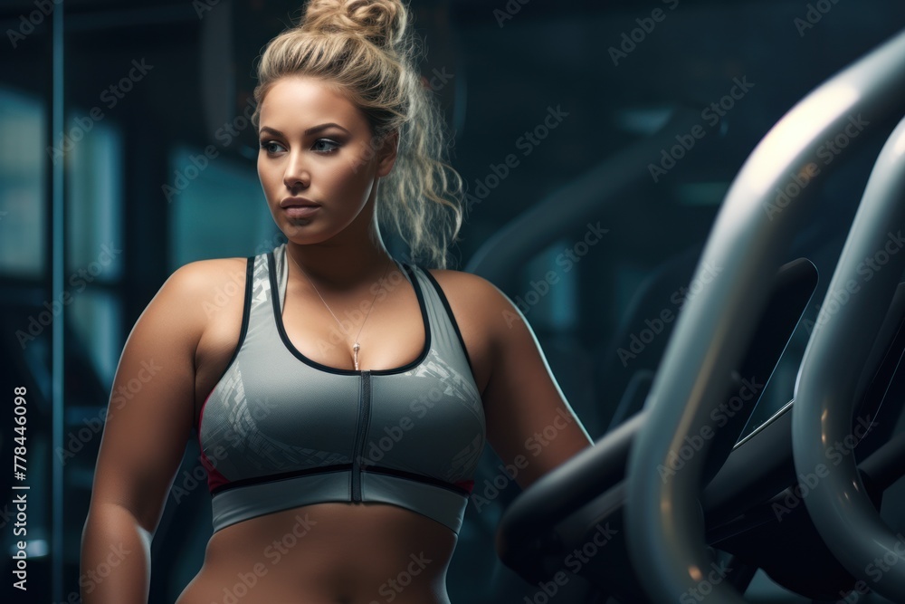 Portrait of a body-positive athlete in gray sportswear demonstrating endurance and body positivity in a fitness club against the background of exercise equipment. Portrait of a body-positive athlete in gray sportswear demonstrating endurance and body positivity in a fitness club against the background of exercise equipment.