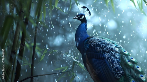 Majestic Peacocks Enchanting Morning Display Amidst Dewy Bamboo Grove in Documentary Photography photo