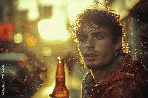 young man with a bottle of beer in the city