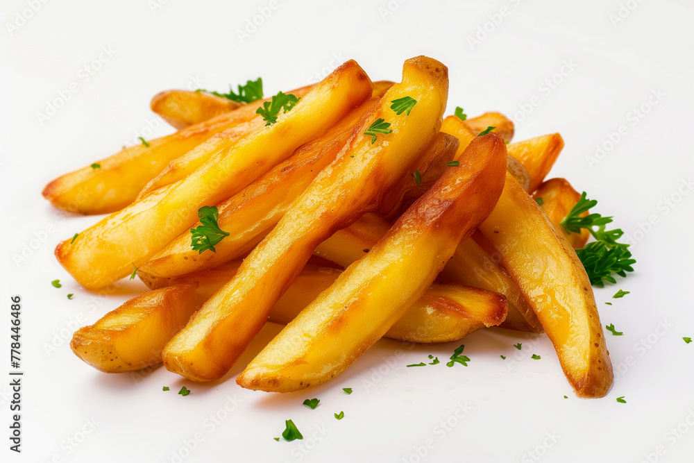 Golden fried potato wedges garnished with fresh parsley on a white background. Close-up view of crispy seasoned potatoes, perfect for comfort food and side dish concept. Copy space Golden fried potato wedges garnished with fresh parsley on a white background. Close-up view of crispy seasoned potatoes, perfect for comfort food and side dish concept. Copy space
