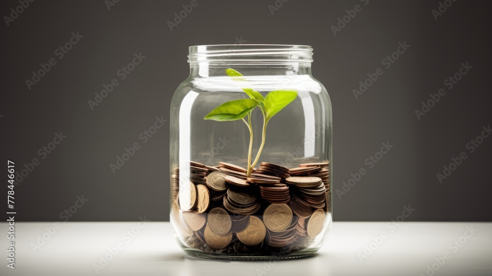 Plant growing in Coins glass jar for money saving and investment financial, concept for business, innovation, growth and money Plant growing in Coins glass jar for money saving and investment financial, concept for business, innovation, growth and money