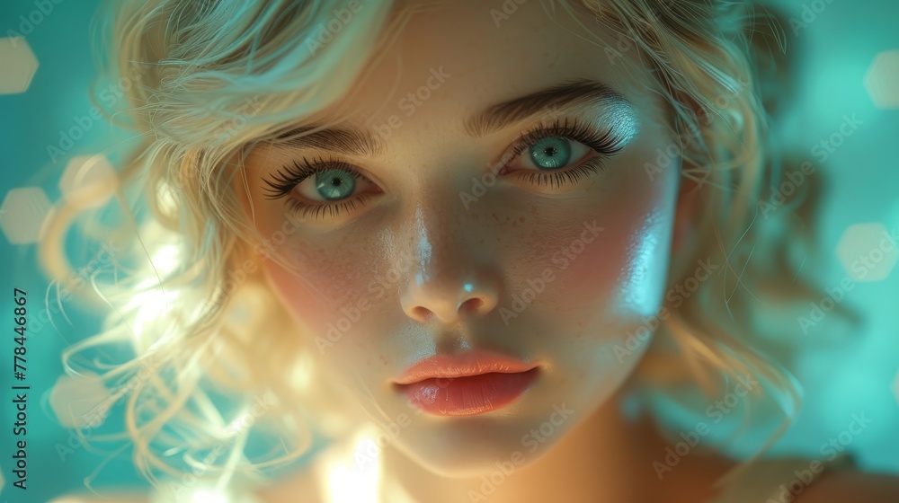 a close - up of a woman's face with blue eyes and blonde hair, with blue lights in the background. a close - up of a woman's face with blue eyes and blonde hair, with blue lights in the background.