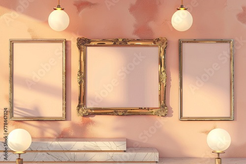 An art gallery featuring walls in a soft peach tone, complemented by vintage, distressed gold frame mockups. 