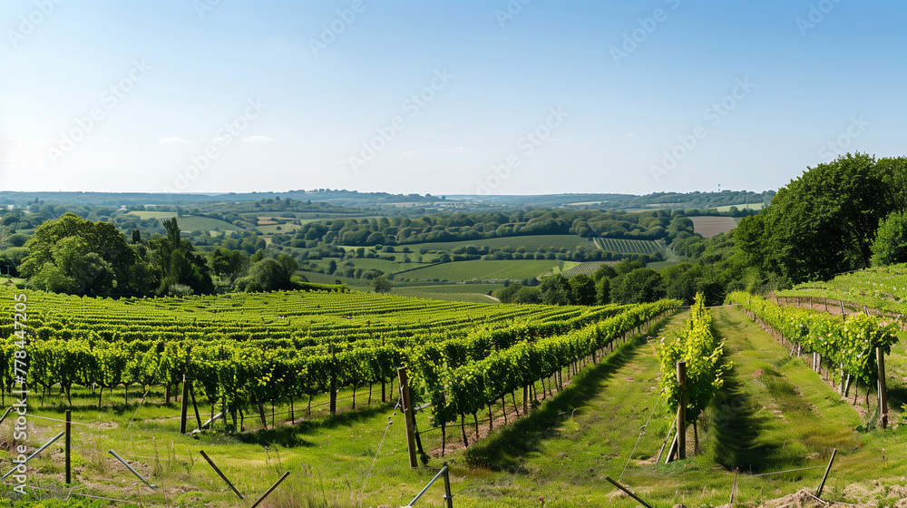 Lush vineyards in the south-east of England, with rows of grapevines stretching into the distance under a clear blue sky