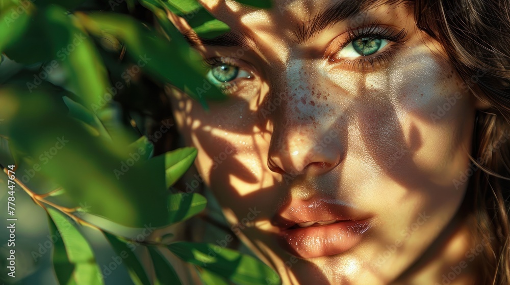 Close up of woman beautiful exotic face with shadow leaf AI generated image