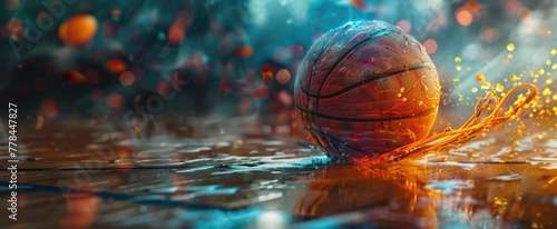 Focus on the intricate patterns of a basketball, with the hardwood court fading into a blur behind it, highlighting the dynamic play and excitement of basketball © Татьяна Креминская