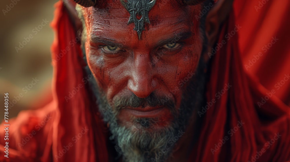 a close up of a man in a red outfit with horns on his head and a goat on his head. a close up of a man in a red outfit with horns on his head and a goat on his head.