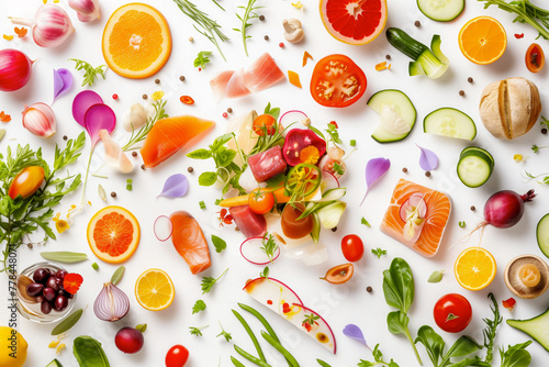 Artistic display of fresh ingredients including salmon, variety of vegetables, citrus fruits, herbs on white background. A culinary canvas showcasing colorful and healthy assortment. Copy space