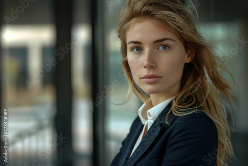 A woman in a suit looks at the camera with her hair blowing in the wind
