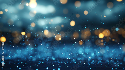 A peaceful gathering of sky blue particles, floating serenely against a dark sky. The bokeh lights create a sense of depth and openness, inviting the viewer into a moment of tranquility.