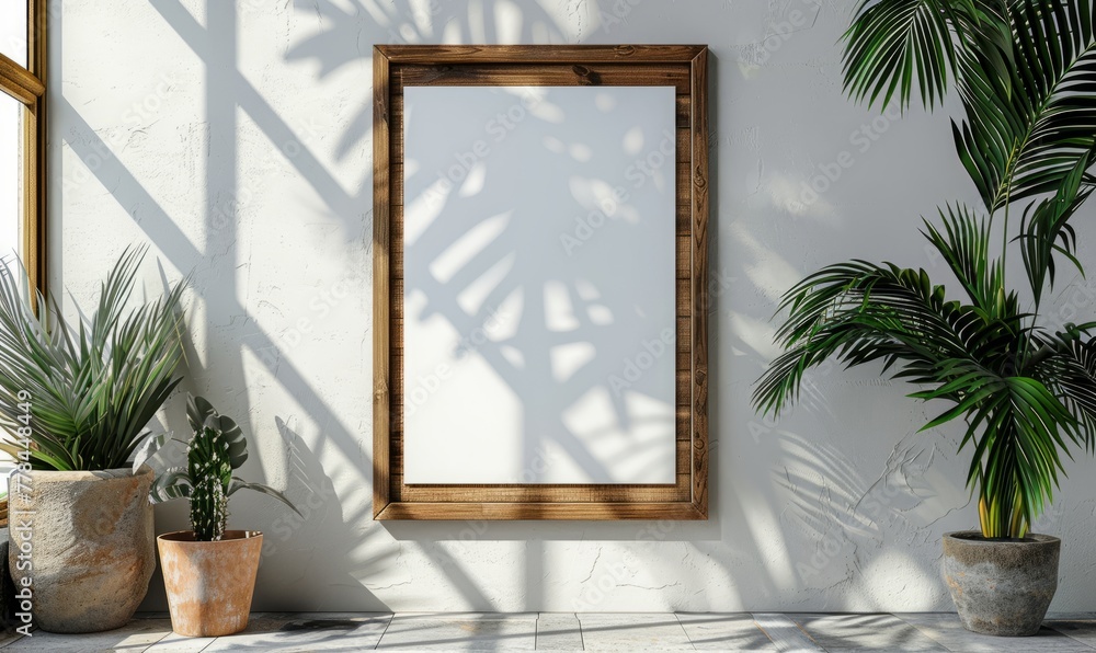 Poster frame mockup with vertical wooden frame in home interior background