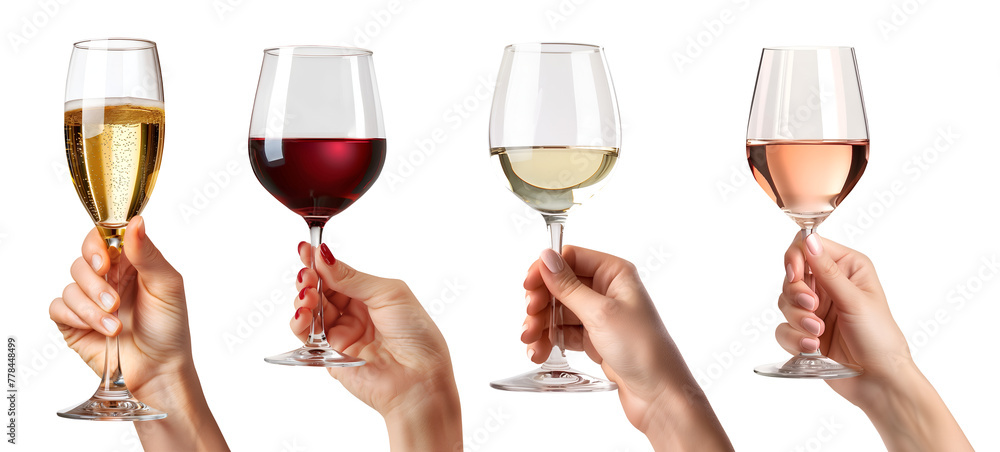 Collection set of hand holding red white rosé rose champagne wine glass goblet on transparent background cutout, PNG file. Mockup template for artwork graphic design	
 - obrazy, fototapety, plakaty 