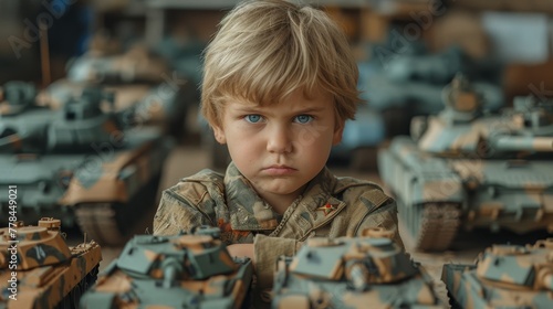 a little boy that is sitting in front of a table with a bunch of toy tanks on top of it.