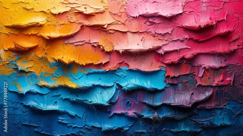 a close up of a multicolored painting with lots of paint chipped off of it's sides. photo