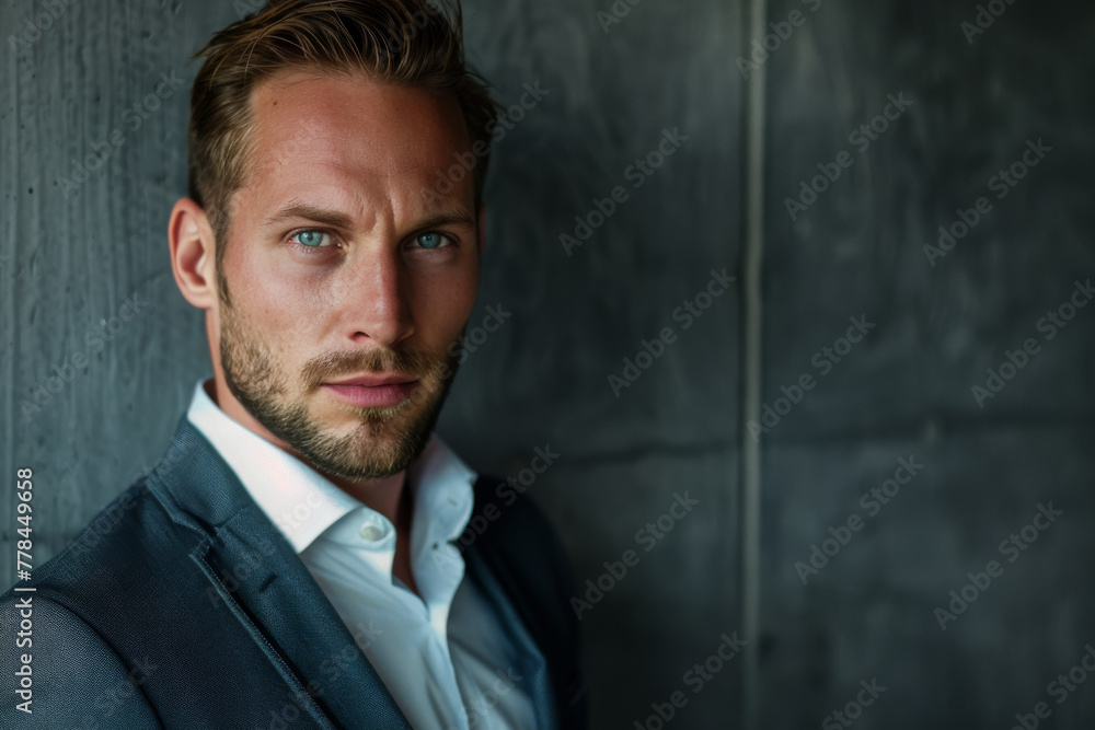 A man in a suit and white shirt leans against a wall A man in a suit and white shirt leans against a wall
