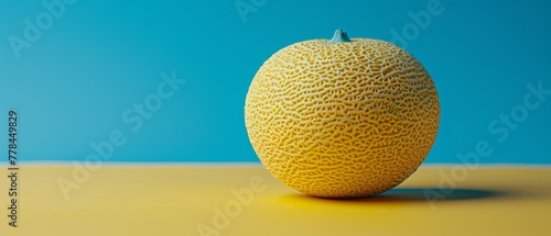   A cantaloupe atop a table with a blue sky background