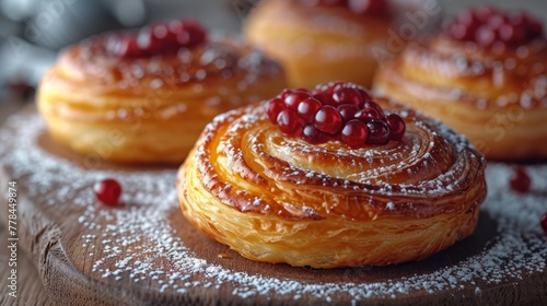 a pastry with powdered sugar and raspberries on a wooden platter with other pastries in the background.
