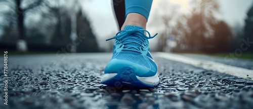 Minimalist Runner's Journey: Blue Shoes on the Open Road. Concept Minimalism, Running, Blue Shoes, Open Road, Journey