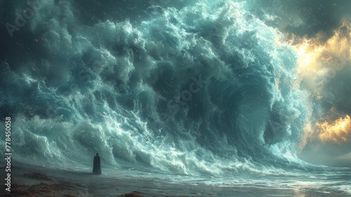 a man standing in the middle of a large wave in a body of water with a lighthouse in the distance.